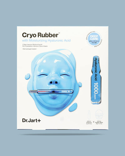 A hydrating two-step Korean rubber face mask inspired by Cryo therapy that lowers skin's temperature to increase blood flow and absorption of powerful active ingredients for a radiant, healthy-looking complexion. The two-step system includes a highly concentrated ampoule gel-like serum packed with actives and a prebiotic complex, as well as a soft, flexible rubber mask made of naturally derived algae and clay to hydrate and soothe the skin for an instant pick-me-up. 