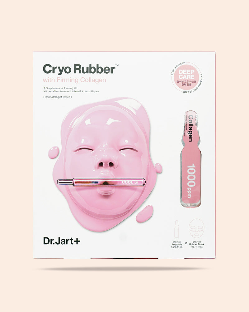 The DR. JART+ Cryo Rubber with Firming Collagen is a two-step modeling pack and sheet mask in one that delivers actives into the skin while providing cooling benefits for a visibly more defined and contoured complexion. This two-step system includes a highly concentrated ampoule serum and rubber mask that was developed to visibly lift and contour the skin. The firming rubber mask wraps the skin to prevent ingredients from evaporating, allowing for penetration to support natural elasticity of firmer skin.