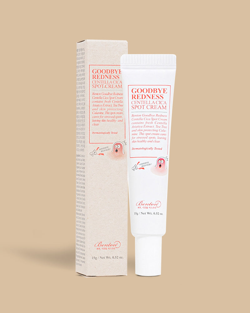 Benton Goodbye Redness Centella Cica Spot Cream is a targeted treatment designed to soothe and reduce the appearance of redness and irritation on the skin. It is formulated with a blend of natural ingredients, including centella asiatica extract, tea tree leaf oil, and niacinamide, which work together to calm inflammation, fight acne-causing bacteria, and improve the overall health and appearance of the skin. 